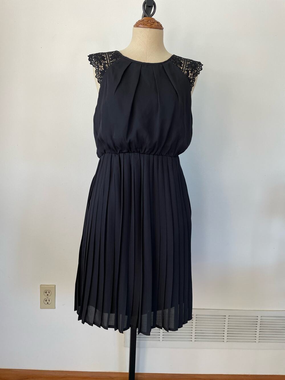 Papermoon black dress lace detail, pleated, elastic waist size M